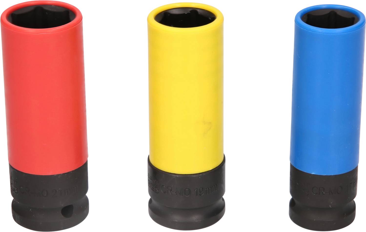 Drei farbige Stecknüsse in Rot, Gelb und Blau. Jede hat eine schwarze Basis und ist für den Einsatz mit Schraubenschlüsseln konzipiert.