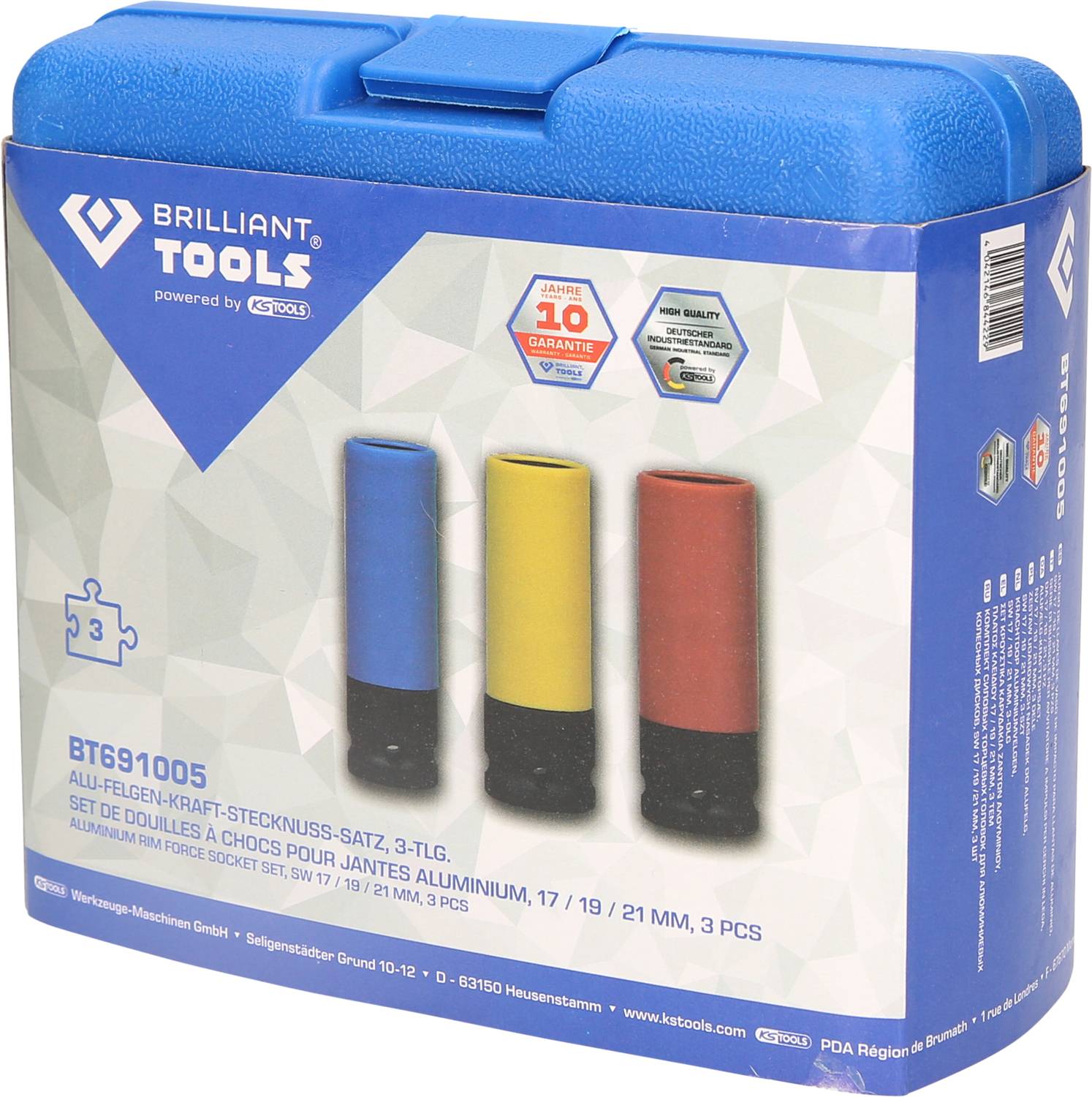 'BT691005' Brilliant Tools Stecknuss-Satz 3-tlg., mit farbig markierten Stecknüssen in 17, 19, 21 mm. In blauer Box, 10 Jahre Garantie.