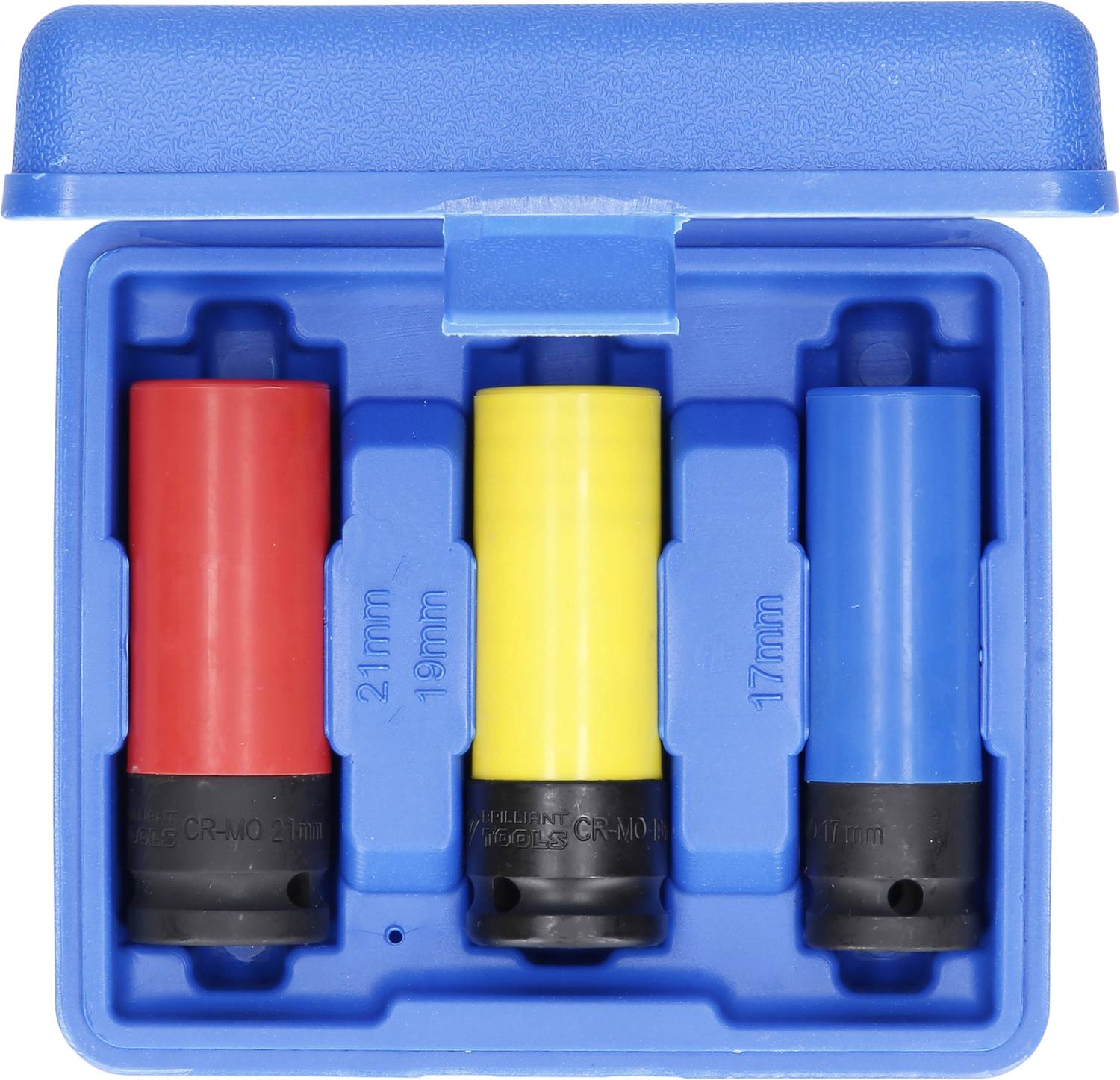 Drei farbige Steckschlüssel (rot, gelb, blau) in einem blauen Etui, jeweils gekennzeichnet mit Größen: 21 mm, 19 mm, 17 mm.