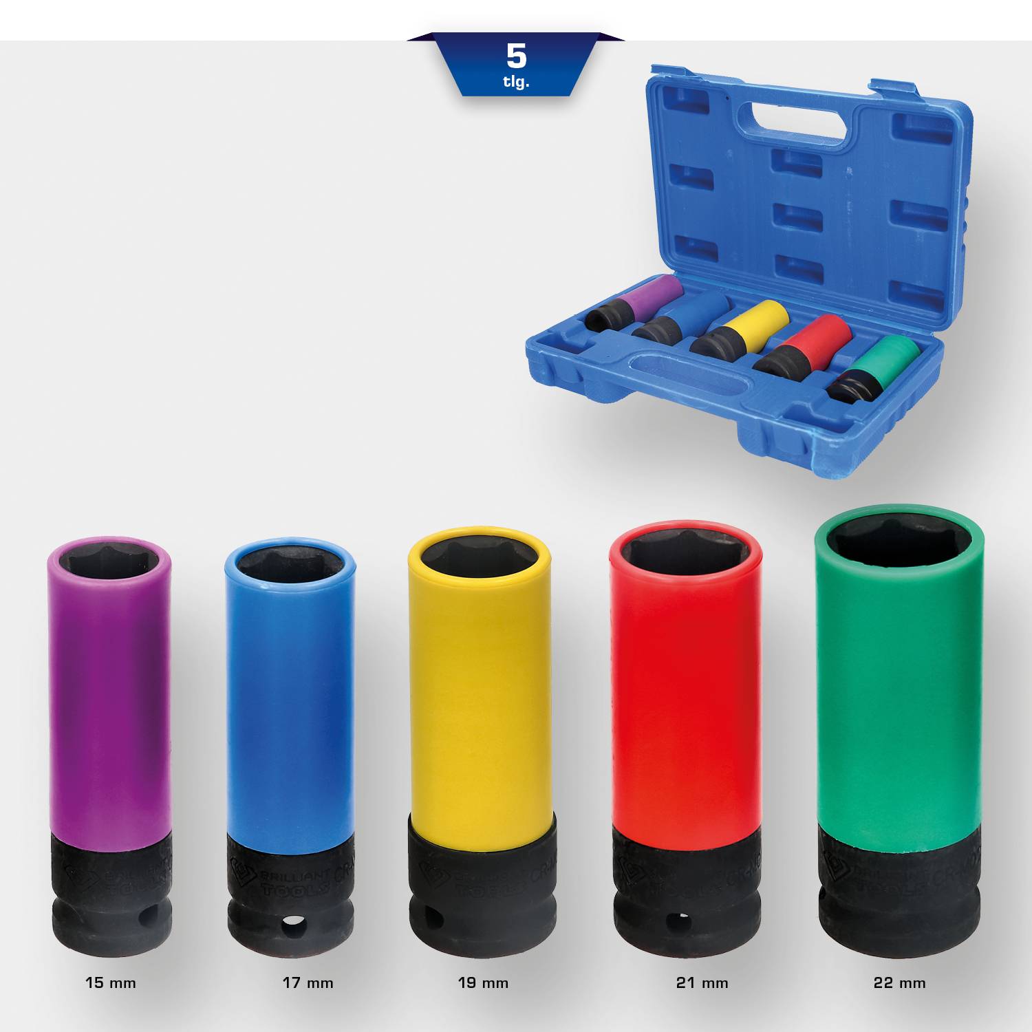 Satz Stecknüsse mit fünf verschiedenfarbigen Nüssen: lila 15 mm, blau 17 mm, gelb 19 mm, rot 21 mm, grün 22 mm, in einer blauen Box.