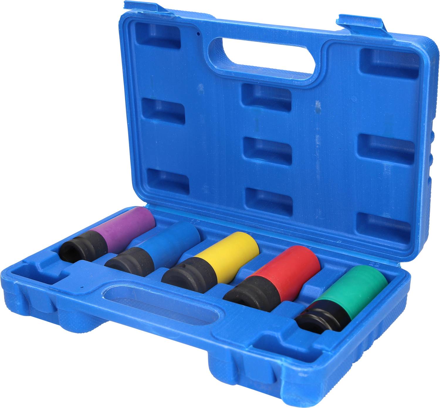 Ein blauer Werkzeugkoffer mit sechs farbigen Steckschlüsseleinsätzen in Lila, Schwarz, Gelb, Rot und Grün.