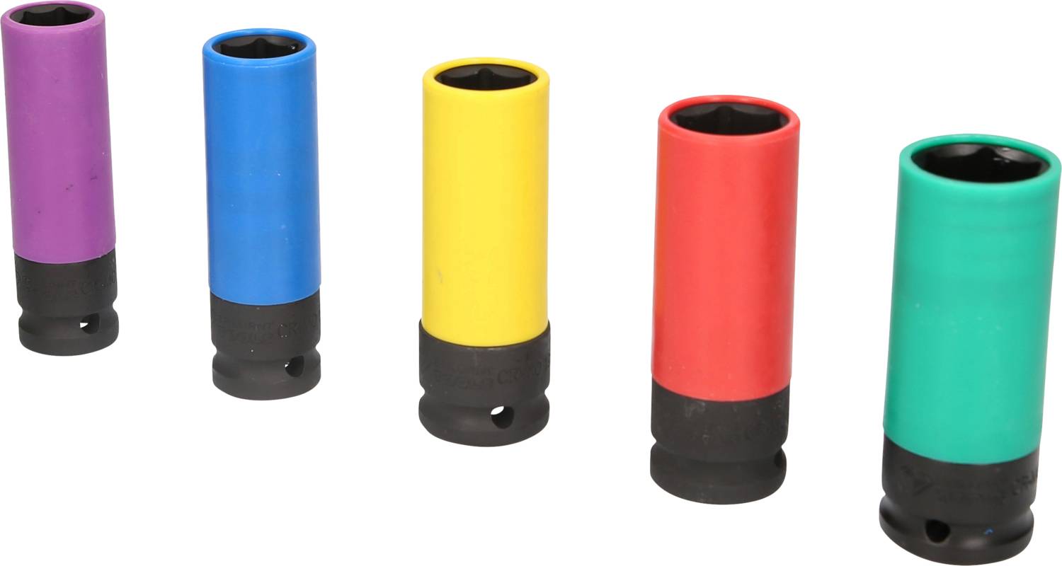 Fünf bunte zylindrische Stecker in den Farben Lila, Blau, Gelb, Rot und Grün aufgereiht. Sie haben schwarze Sockel.