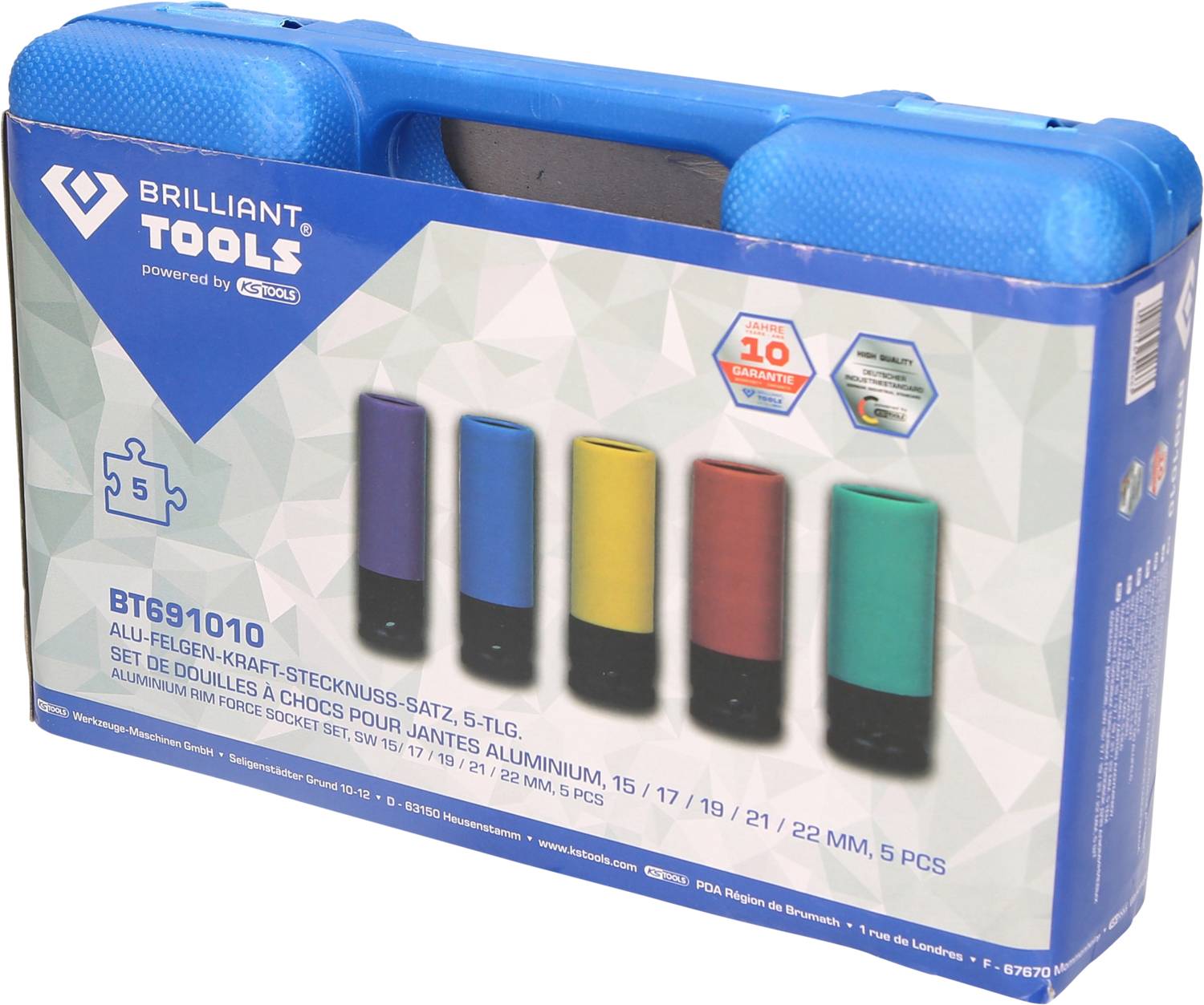Blauer Koffer mit fünf bunten Aluminium-Felgen-Kraftstecknüssen, Größen 15 bis 22 mm, Marke 'Brilliant Tools'.