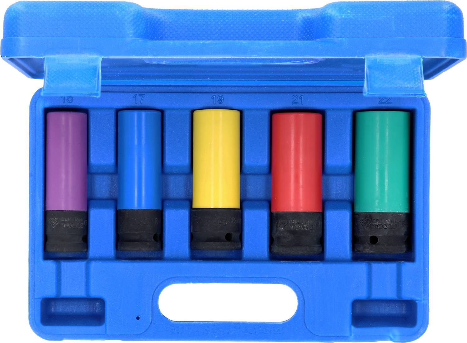 'Fünf farbige Steckdosenaufsätze in einem blauen Kunststoffkoffer, jeweils in lila, blau, gelb, rot und grün, angeordnet in Schaumstofffächern.'