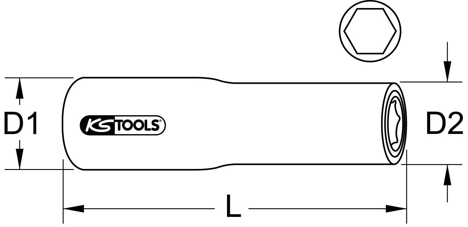 Diagramm eines Zündkerzenschlüssels mit den Maßen 'D1', 'D2' und 'L'. Bezeichnet mit dem Logo 'KS Tools'. Oben rechts eine Sechskantansicht.