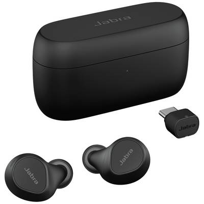 Schwarze kabellose Ohrhörer mit Ladecase und USB-Adapter, Marke 'Jabra'.