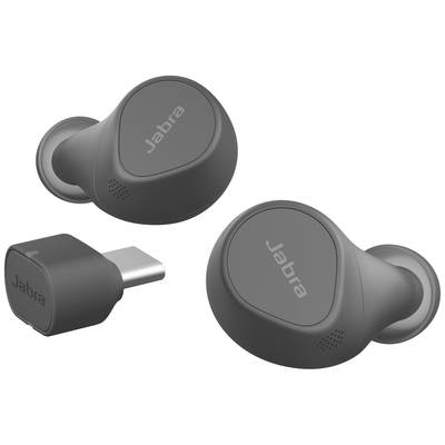 Kabellose schwarze Ohrhörer mit 'Jabra'-Logo und passendem USB-C-Adapter, geeignet für hochwertigen Musikgenuss und Anrufe.