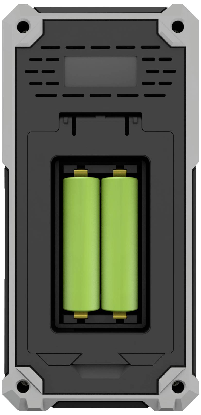 Das Bild zeigt das Rückteil eines tragbaren Geräts mit einem geöffneten Batteriefach. Zwei grüne Batterien sind sichtbar.