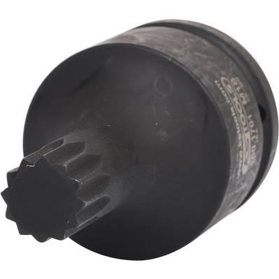 Ein schwarzes, zylinderförmiges Metallwerkzeug mit sternförmiger Öffnung, möglicherweise ein Aufsatz oder Adapter für Maschinen.