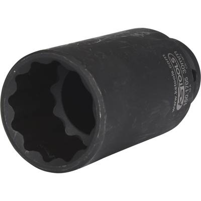 Eine schwarze Nuss mit zwölfkantiger Innenform. Auf der Außenseite sind Markierungen und der Markenname 'KS Tools' sichtbar.