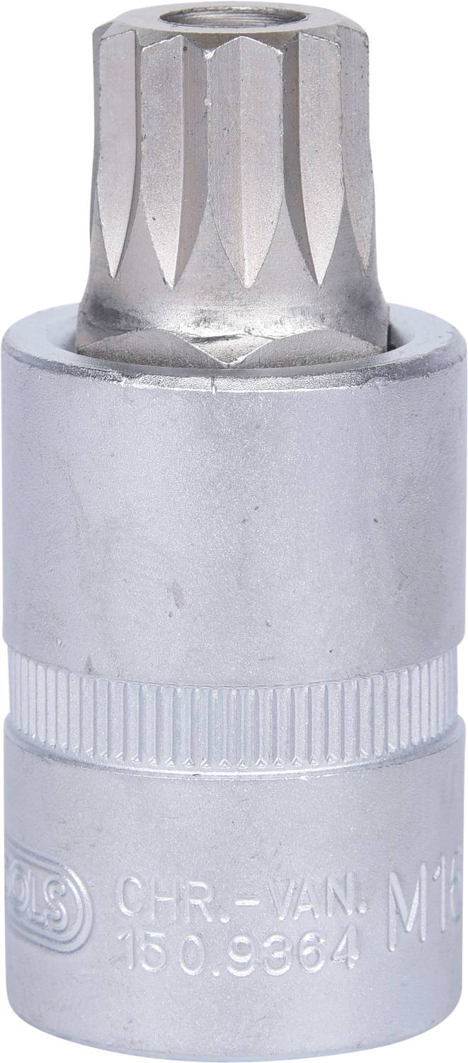 Metallischer Vielzahn-Schraubenschlüsselaufsatz. Zylinderform mit gezahnter Spitze und geprägtem Text 'CHR-VAN M16'.