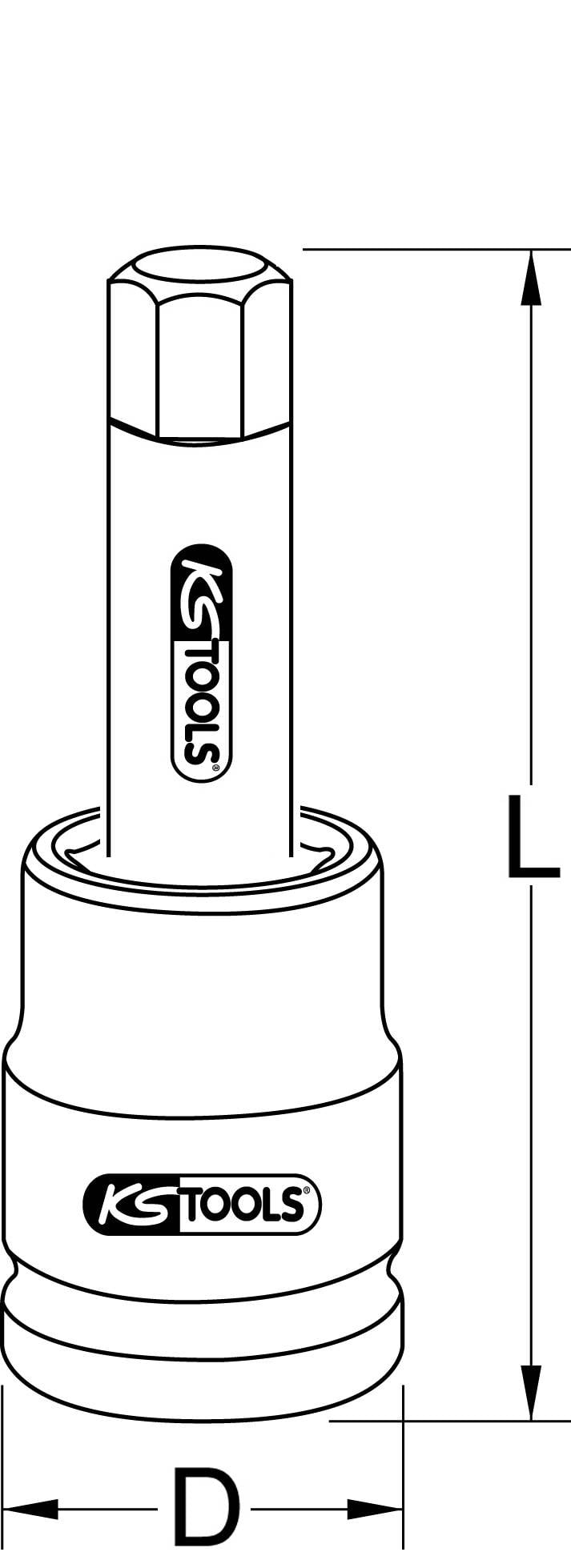 Steckschlüsseleinsatz mit Innensechskant und langer Verlängerung, markiert mit 'KS Tools'; zeigt Maße 'D' und 'L'.