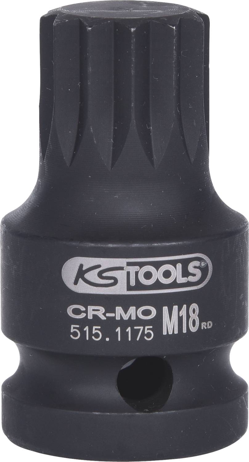 Ein schwarzer Steckschlüssel-Einsatz mit der Aufschrift 'KS TOOLS CR-MO 515.1175 M18'.