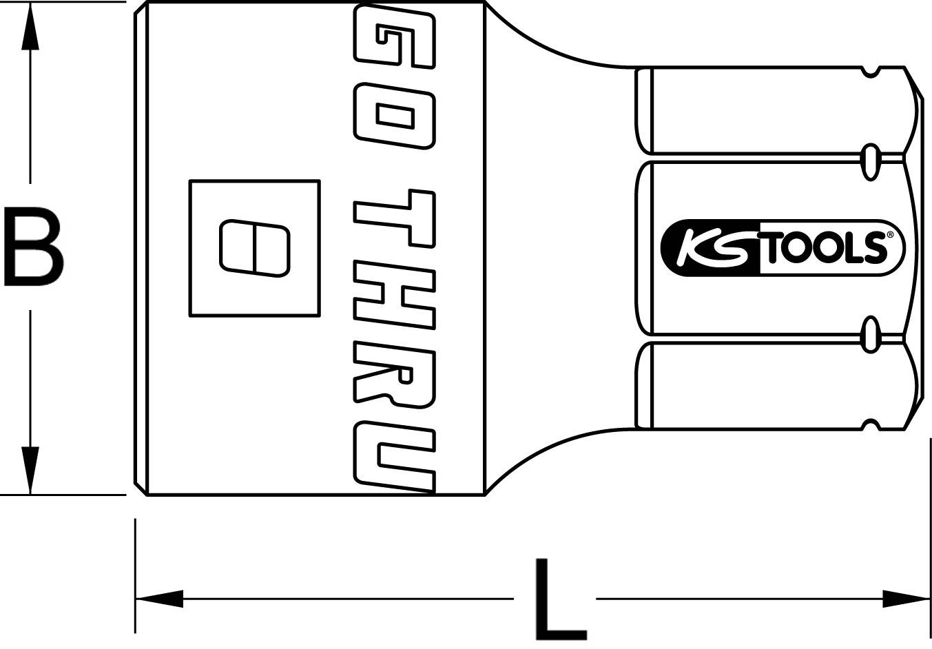 'KS Tools' Durchsteck-Steckschlüsselaufsatz, zeigt Beschriftungen 'GO THRU' und Markenlogo auf der Seite. Geometrische Formen markiert.
