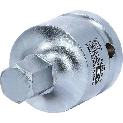 Metalladapter mit sechskantiger Verbindung und aufgedrucktem Logo, vermutlich für Werkzeuge.