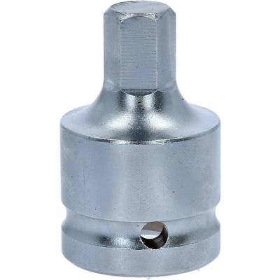 Ein metallischer Steckschlüsseladapter mit einem sechskantigen Einsatz oben. Er dient zur Verbindung von Werkzeugen und Bits.