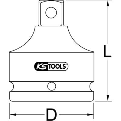 Illustration eines Steckschlüssels von KS Tools, mit markierter Gesamtlänge (L) und Durchmesser (D), beide durch Pfeile gekennzeichnet.