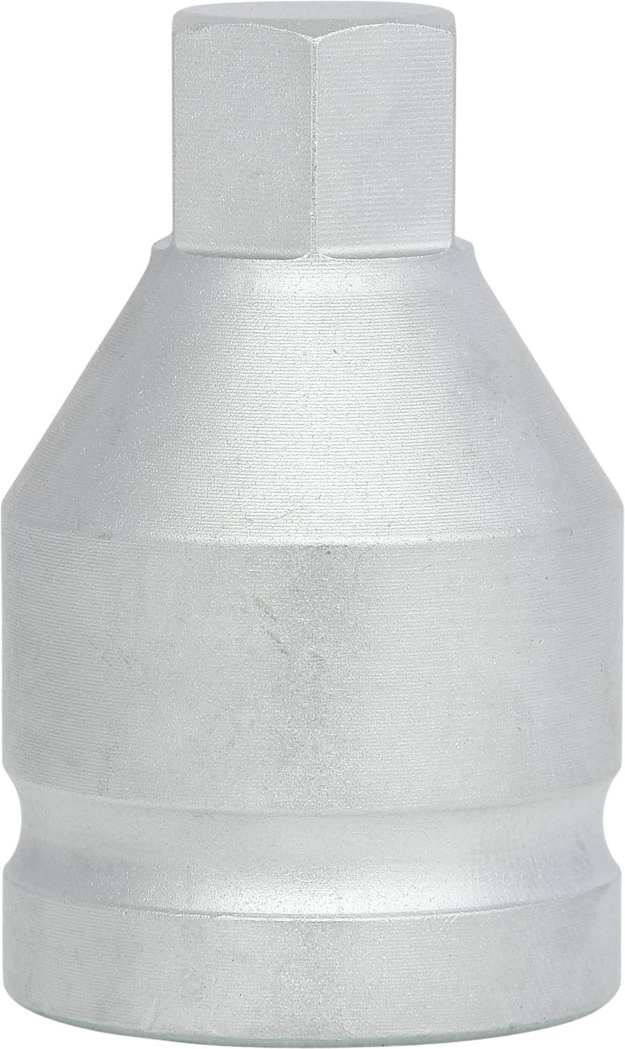 Silberfarbener Stahlaufsatz für Entfernen von Radmuttern, zylindrische Form mit sechseckiger Öffnung, robust und metallisch glänzend.