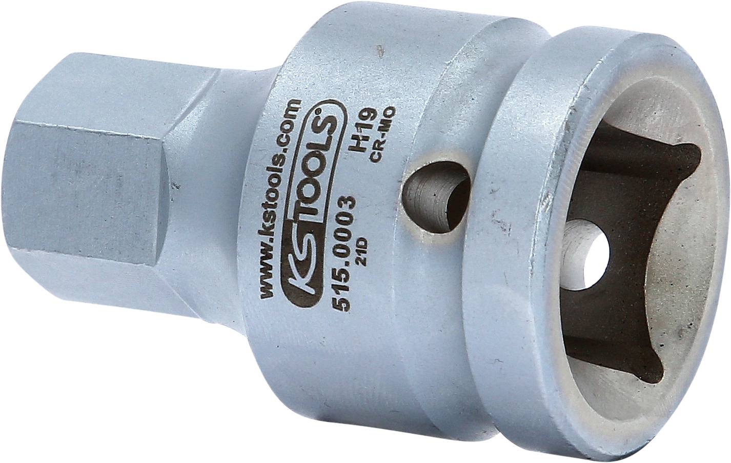 Stecknuss mit Sechskantaufnahme von KS Tools, Modell '515.0003', Größe H 19, aus Chrom-Molybdän-Stahl, silberfarbig.