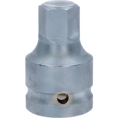 Metallischer Werkzeugadapter mit sechseckiger Spitze und kreisförmiger Öffnung an der Seite; verwendet zum Verbinden von Werkzeugteilen.