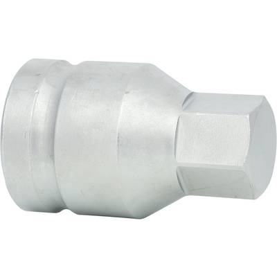 Ein silberner Metallaufsatz mit sechseckiger Form und zylindrischer Basis, möglicherweise ein Werkzeugaufsatz oder Adapter.