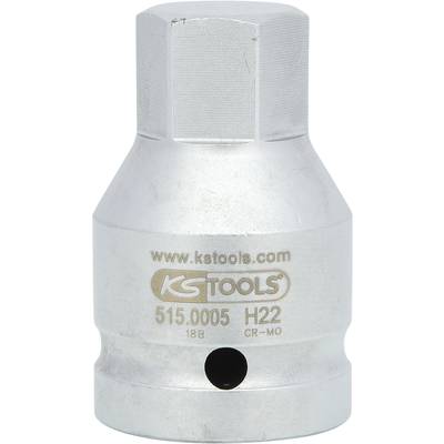 Ein silberner Adapter mit sechseckigem Antrieb. Der Adapter trägt die Aufschrift: 'www.kstools.com', '515.0005', 'H22', 'CR-MO'.