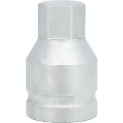 Silberfarbener Metalladapter mit sechseckiger Oberseite und konischer Basis, vermutlich ein spezielles Werkzeug oder eine Schraubverbindung.