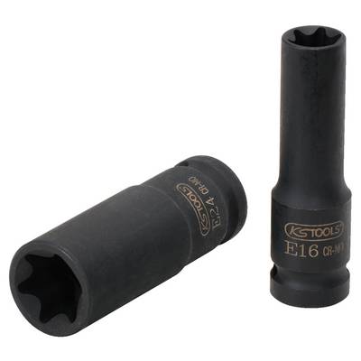 Zwei schwarze Stecknüsse aus Chrom-Molybdän-Stahl. Eine liegt flach, die andere steht, beide mit 'E16' und 'KS TOOLS' beschriftet.