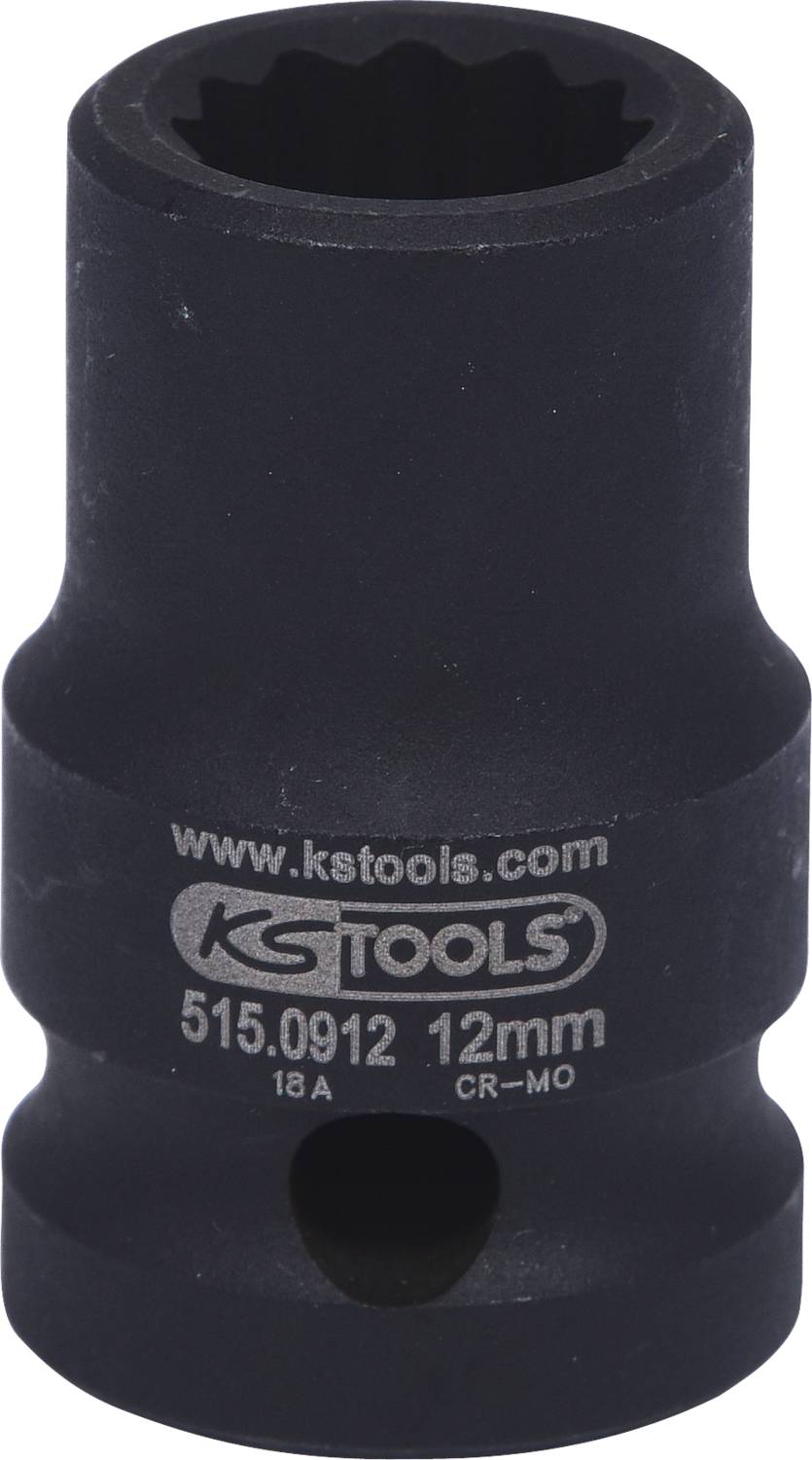 Eine schwarze Stecknuss mit der Aufschrift 'www.kstools.com, KS TOOLS 515.0912 12mm, CR-MO'.
