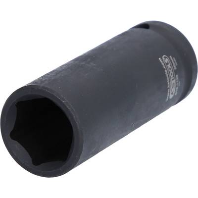 Eine schwarze, sechseckige Stecknuss aus Metall. Sie wird für das Anziehen oder Lösen von Schrauben mit einem passenden Schraubenschlüssel verwendet.