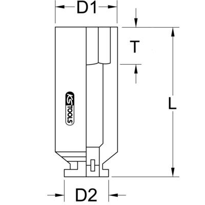 Zeichnung eines Werkzeugs mit den Maßangaben 'D1', 'D2', 'T' und 'L' markiert. Werkzeug hat ein KS Tools-Logo.