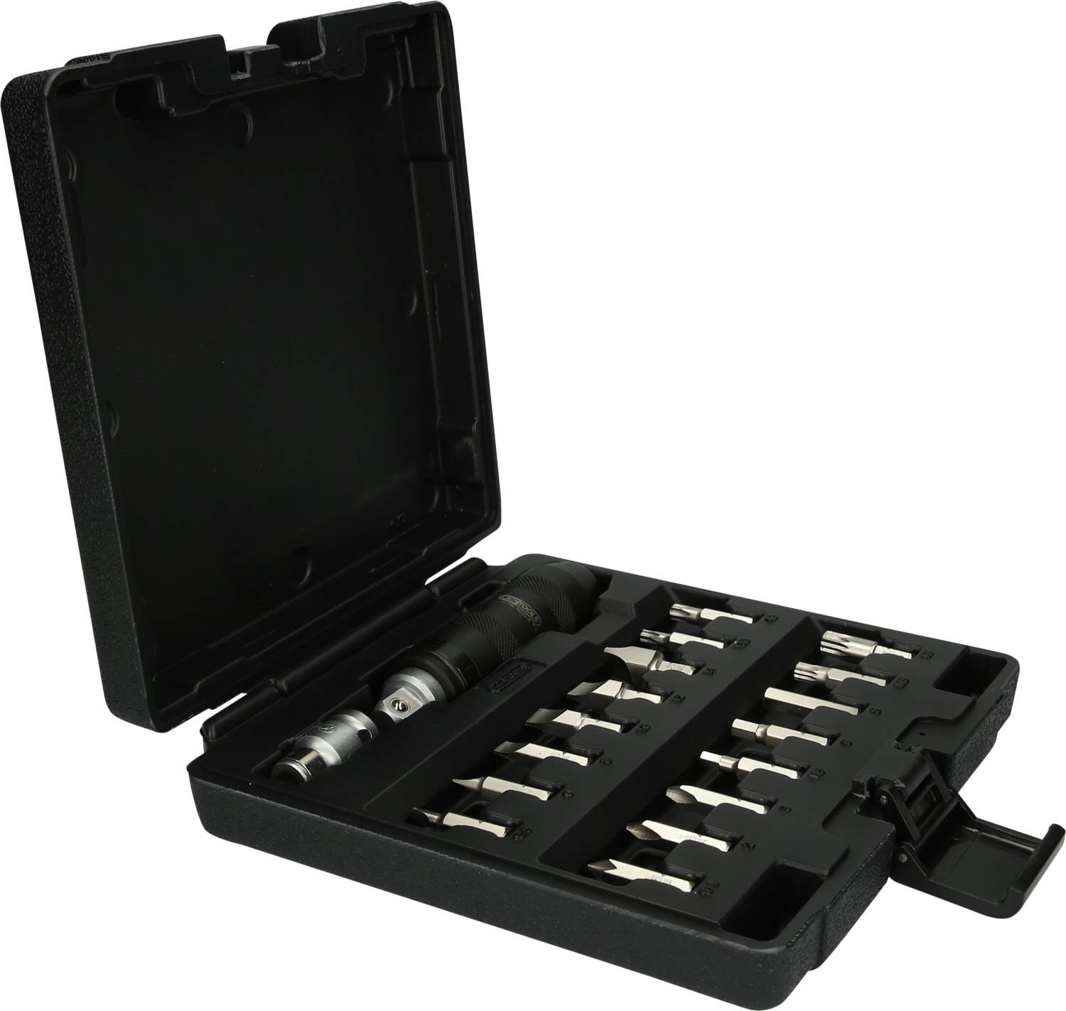 Bohrerset in einem offenen schwarzen Etui, enthält verschiedene Bohrergrößen, geeignet für Heimwerkerarbeiten und Reparaturen.