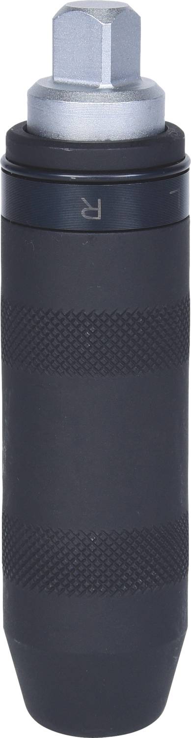 Ein schwarzer, zylindrischer Griff mit einem silbernen, sechseckigen Kopf oben. Möglicherweise ein Werkzeuggriff oder Adapter.