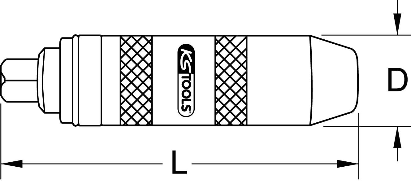 Technische Zeichnung eines Werkzeugs von KS Tools mit markierten Längen ('L') und Durchmesser ('D').