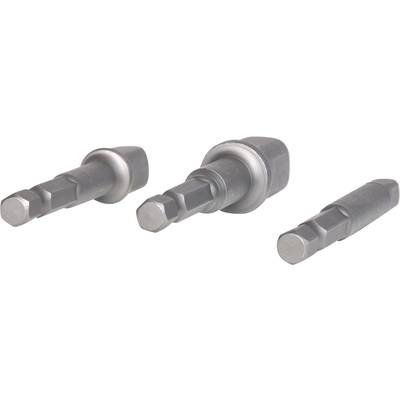 Drei metallische Werkzeuge, vermutlich Schraubendreher-Bits, mit sechseckigen Schäften, die nebeneinander liegen. Sie haben unterschiedliche Größen.