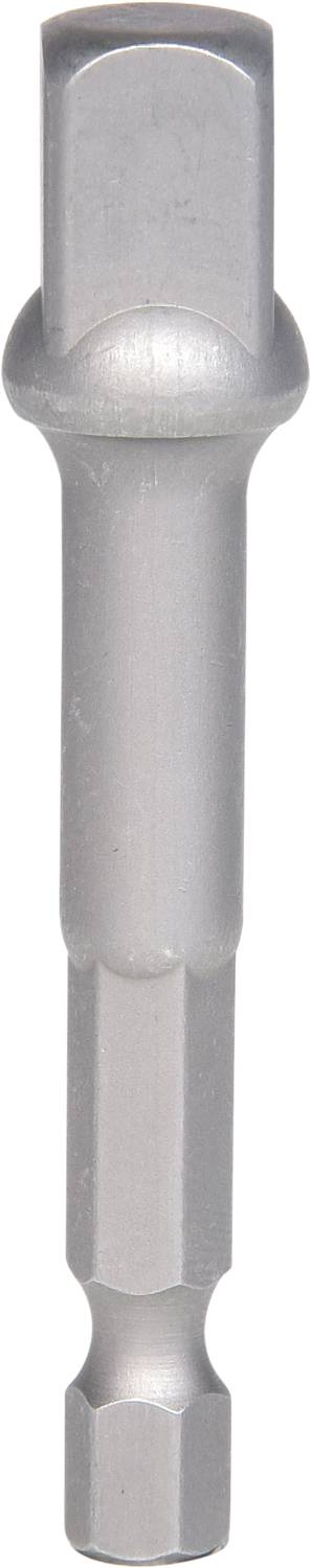 Ein silberner Sechskant-Bitadapter aus Metall, der einen erhöhten Kopf und eine runde Basis mit hexagonalem Anschluss zeigt.