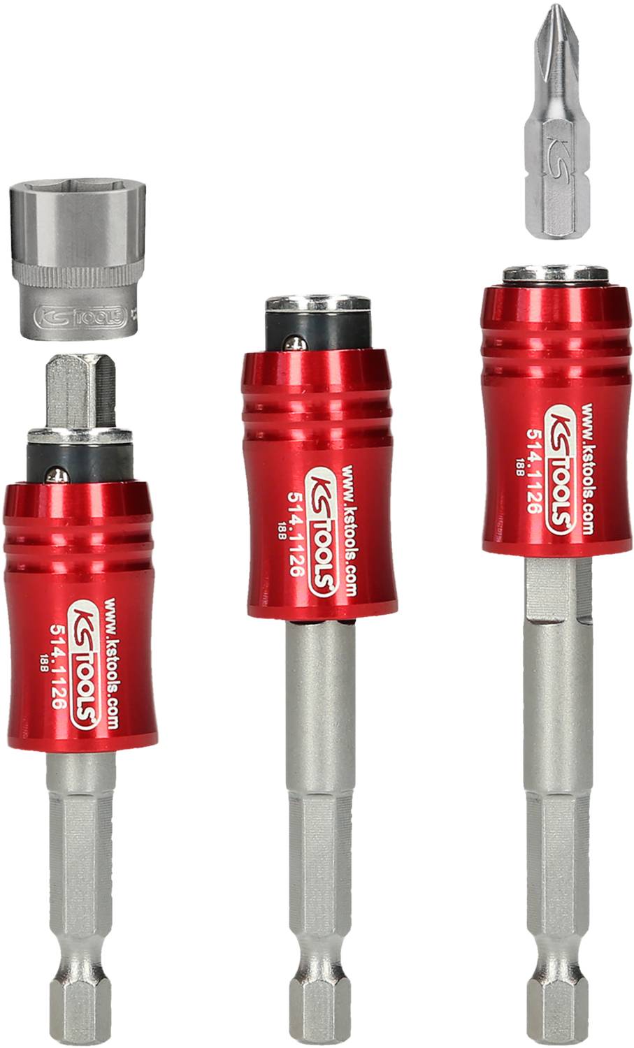 Drei rote Werkzeugaufsätze und eine Metallspitze zum Schrauben. Geeignet für verschiedene Schraubenkopftypen.