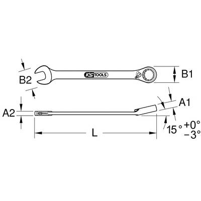 Abbildung eines Ringmaulschlüssels von KS Tools mit Größenangaben: B1, B2, A1, A2, L, und einem Neigungswinkel von 15° (+0°/-3°).
