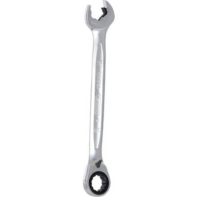 Ein verstellbarer Ratschenringschlüssel aus Metall mit einem Maulschlüssel an einem Ende und einem Zahnradmechanismus am anderen Ende.