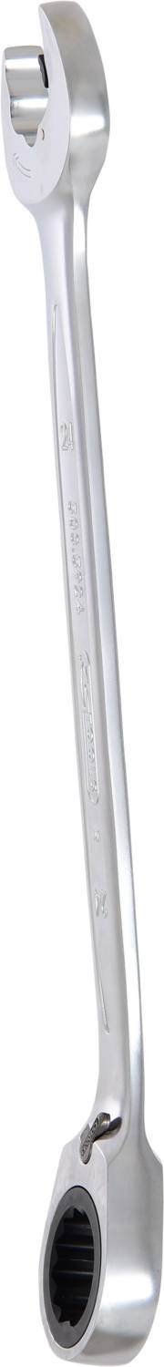 Ein silberner Ratschenschlüssel mit einem offenen und einem 12-kantigen Ringende, verwendet zum Anziehen oder Lösen von Muttern und Schrauben.