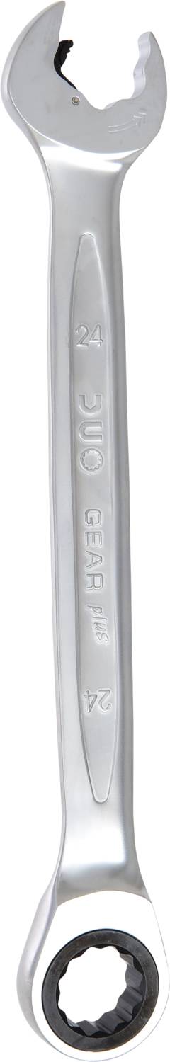 Ein silberner Ratschenringschlüssel mit zwei Enden: eine offene und eine geschlossene Seite. Das Werkzeug ist für Muttern und Schrauben geeignet.