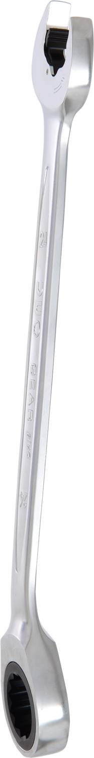 Ein silberner Ringschlüssel mit Ratschenfunktion, geeignet für verschiedene Schraubengrößen. Ideal für mechanische Arbeiten.