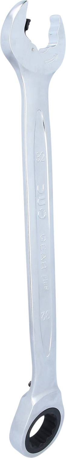 Ein silberner Maulschlüssel, auch Ringschlüssel genannt, liegt aufrecht. Er hat zwei Enden: ein offenes Maul und einen Ring.