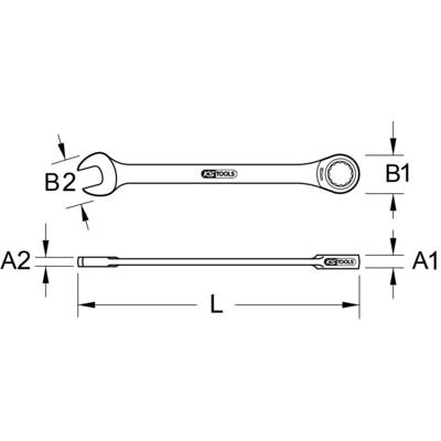 'Maßzeichnung eines Ringschlüssels mit Markierungen für B1, B2, A1, A2 und L.'