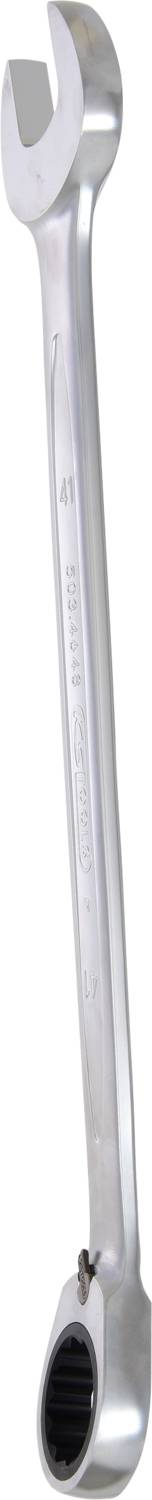 Ein silberner Ringschlüssel mit offenem Maul und Ringschlüsselkopf, geeignet für das Anziehen oder Lösen von Muttern und Schrauben.