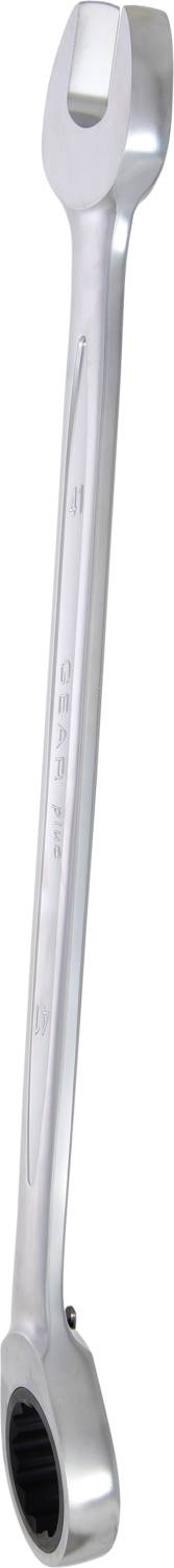 Ein silberner Ringschlüssel mit ringförmiger und offener Seite, geeignet zum Anziehen oder Lösen von Schrauben und Muttern.