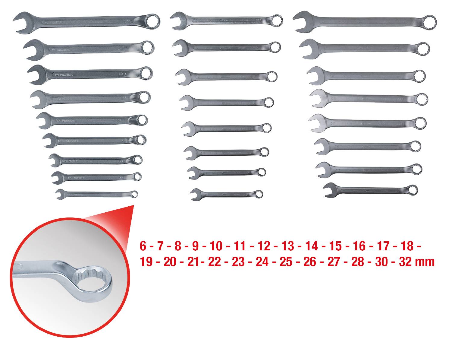 'Satz von 15 Doppelmaulschlüsseln in verschiedenen Größen von 6 bis 30 mm, angeordnet in drei Reihen. Vergrößerung eines Schlüssels bei 6 mm.'
