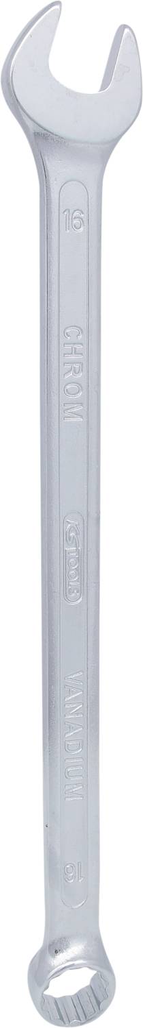 Ein silberner, metallischer Gabelschlüssel mit einem offenen und einem ringförmigen Ende, dient zum Festziehen oder Lösen von Schrauben.