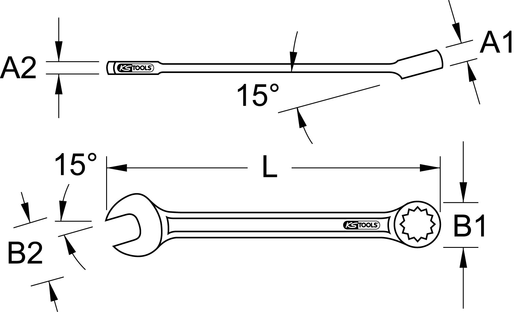Zwei Arten von Schraubenschlüsseln: Oben ein Flachschlüssel mit einer Biegung von 15° an einem Ende, unten ein Ringschlüssel mit 15° Versatz.
