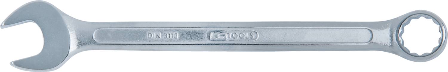 Ein silberner Gabel- und Ringschlüssel mit der Aufschrift '10/11' und 'TOOLS'. Eignet sich zum Anziehen von Schrauben mit diesen Maßen.